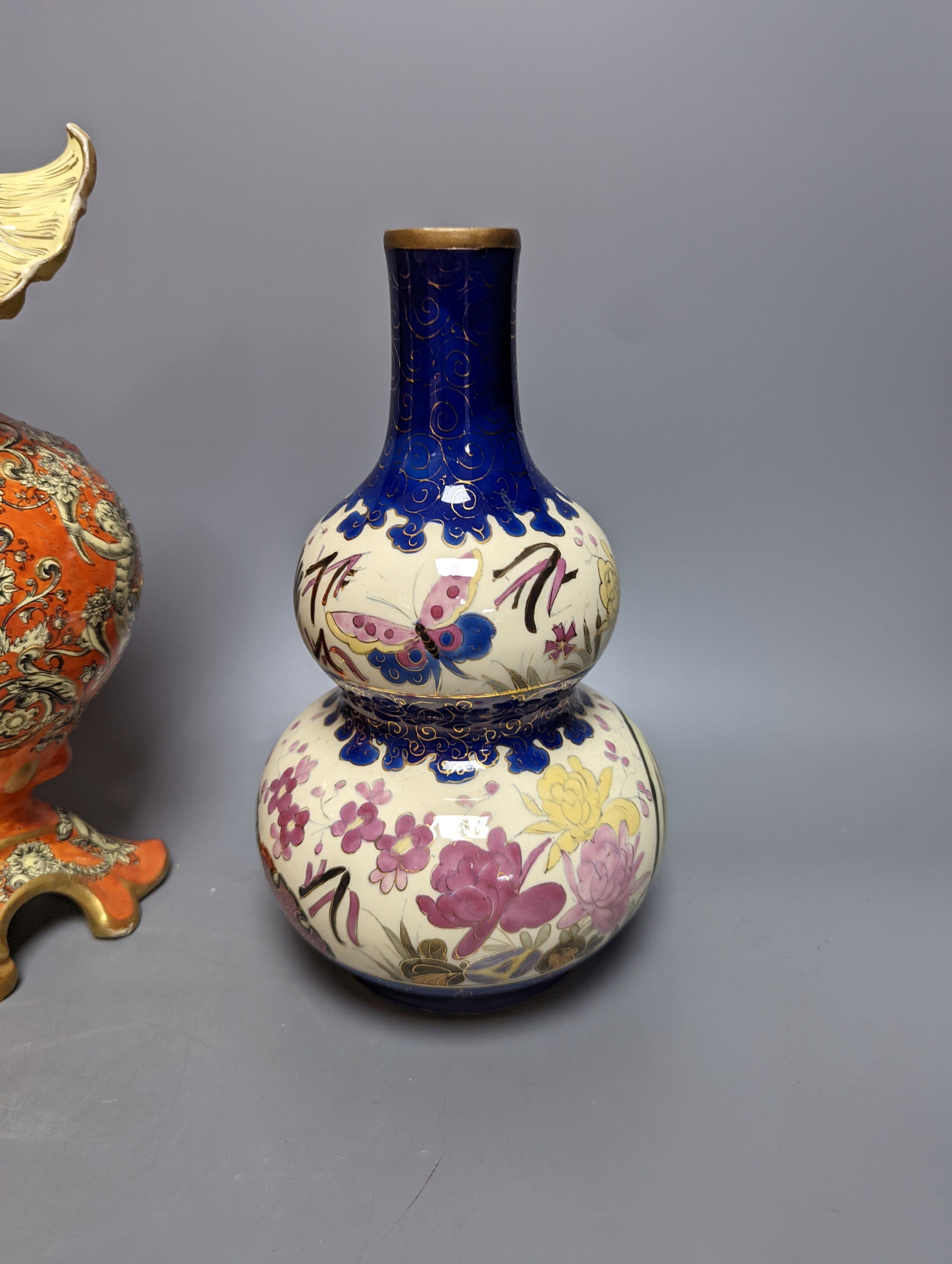 A Fischer Budapest pottery ewer and two pottery vases 29cm